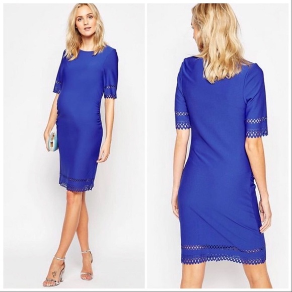 New Look Maternity Blue Lasercut Ruched Dress - Picture 1 of 6